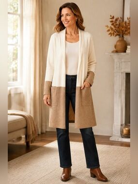 Talbots NWT Long Open Front Cardigan Sweater Medium Cream Tan Colorblock Duster
